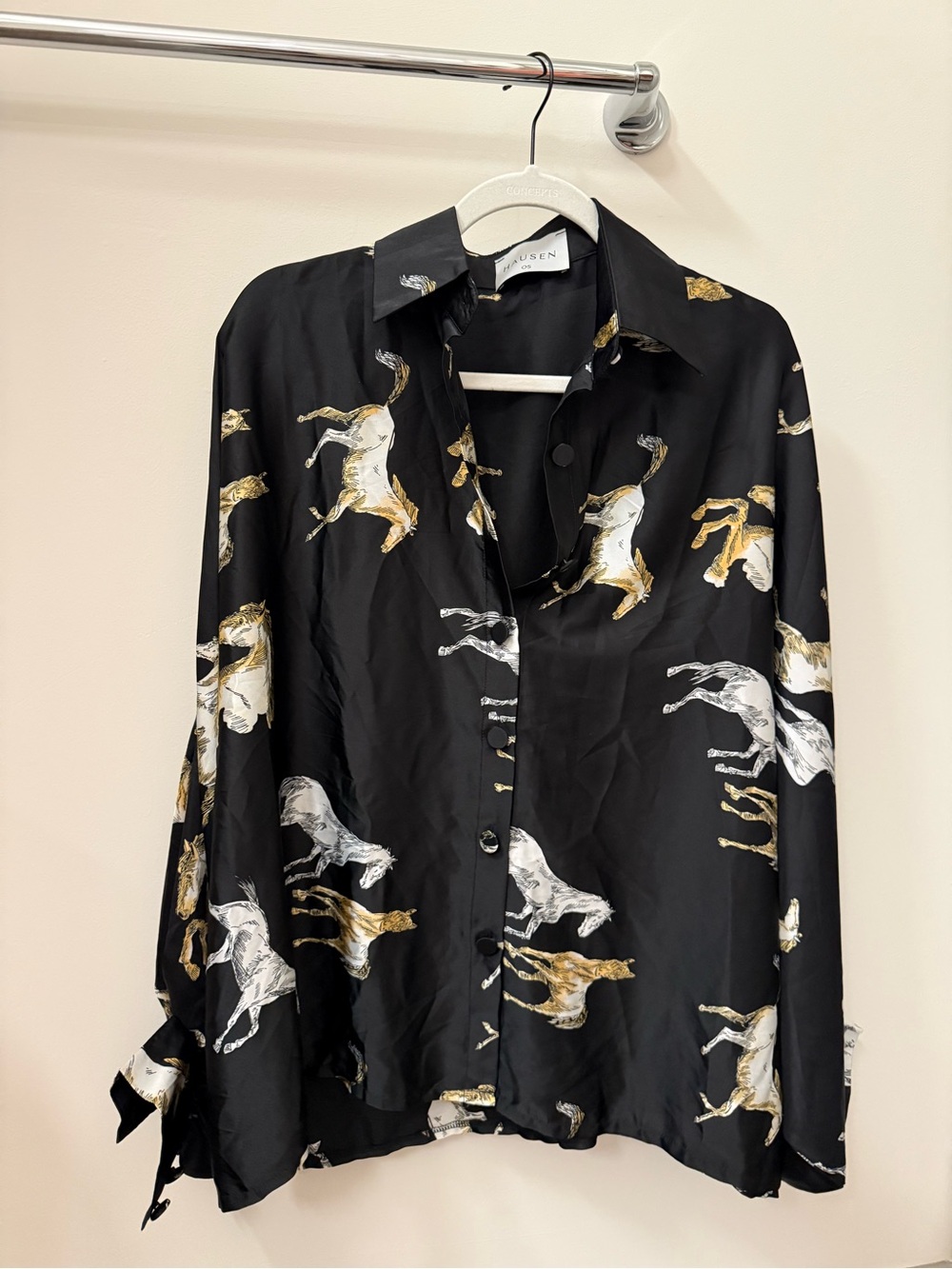 Black Horse-Print Button-Up Shirt